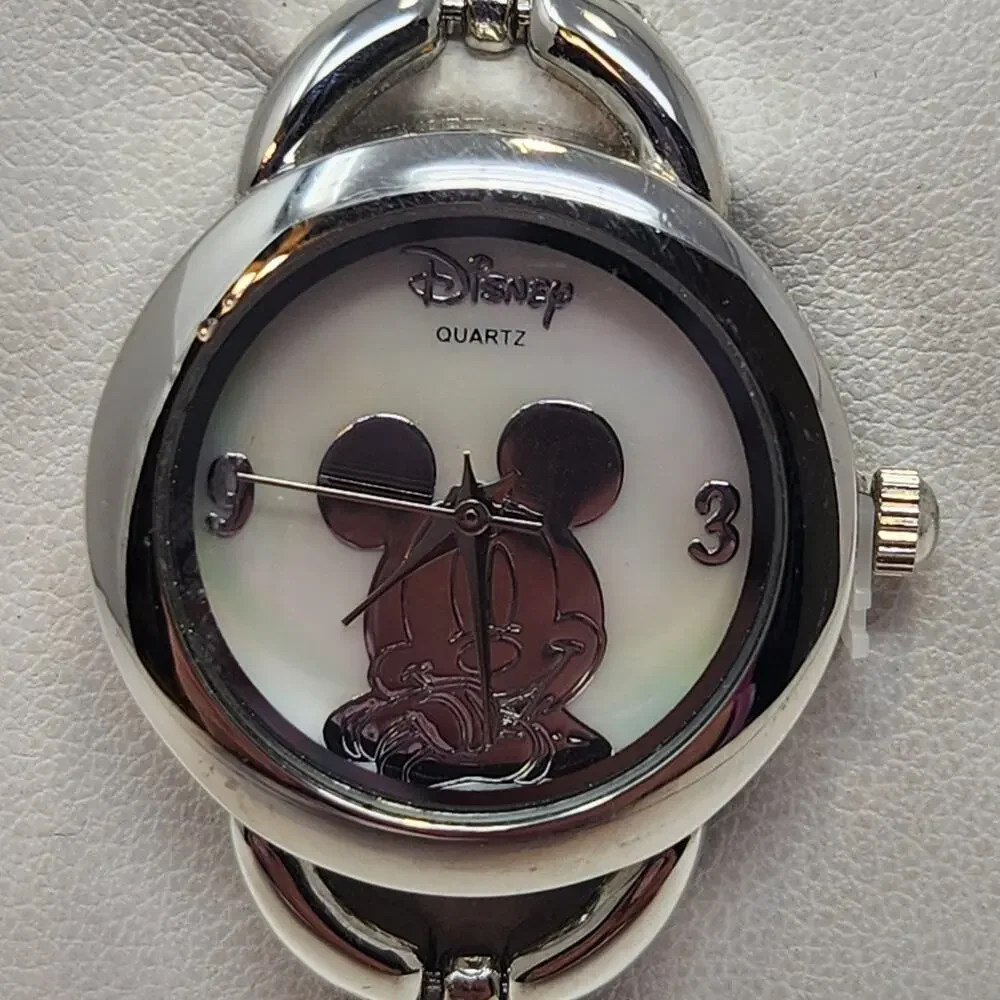 Disney Mickey Mouse Head Silver Tone Watch MOP Face Abalone Shell Inlay MK2006A